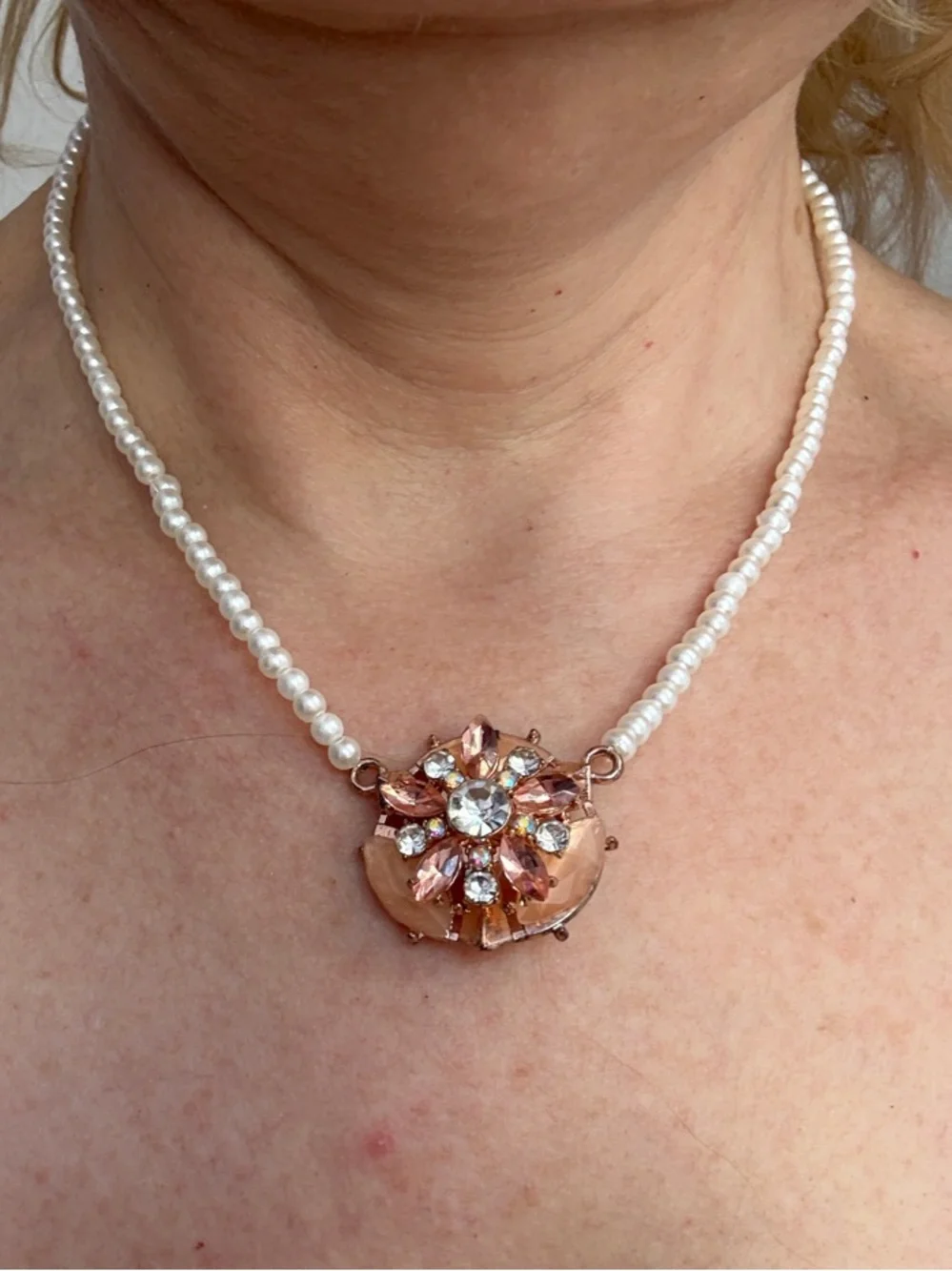 Hand-Crafted Pearl Necklace with Pink Floral Crystal Pendant